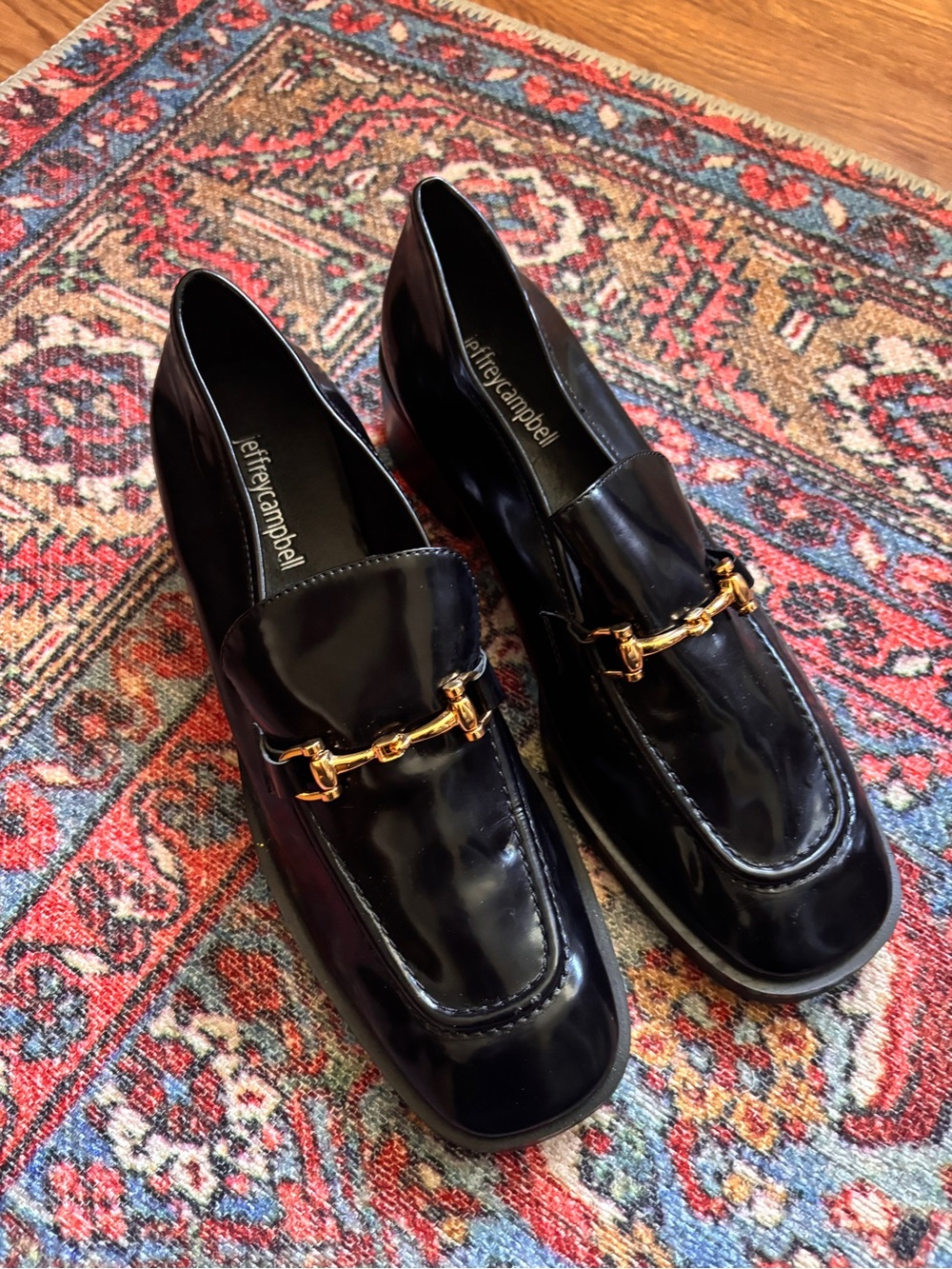 Jeffrey Campbell Reid Black Patent Loafers with Gold Horsebit